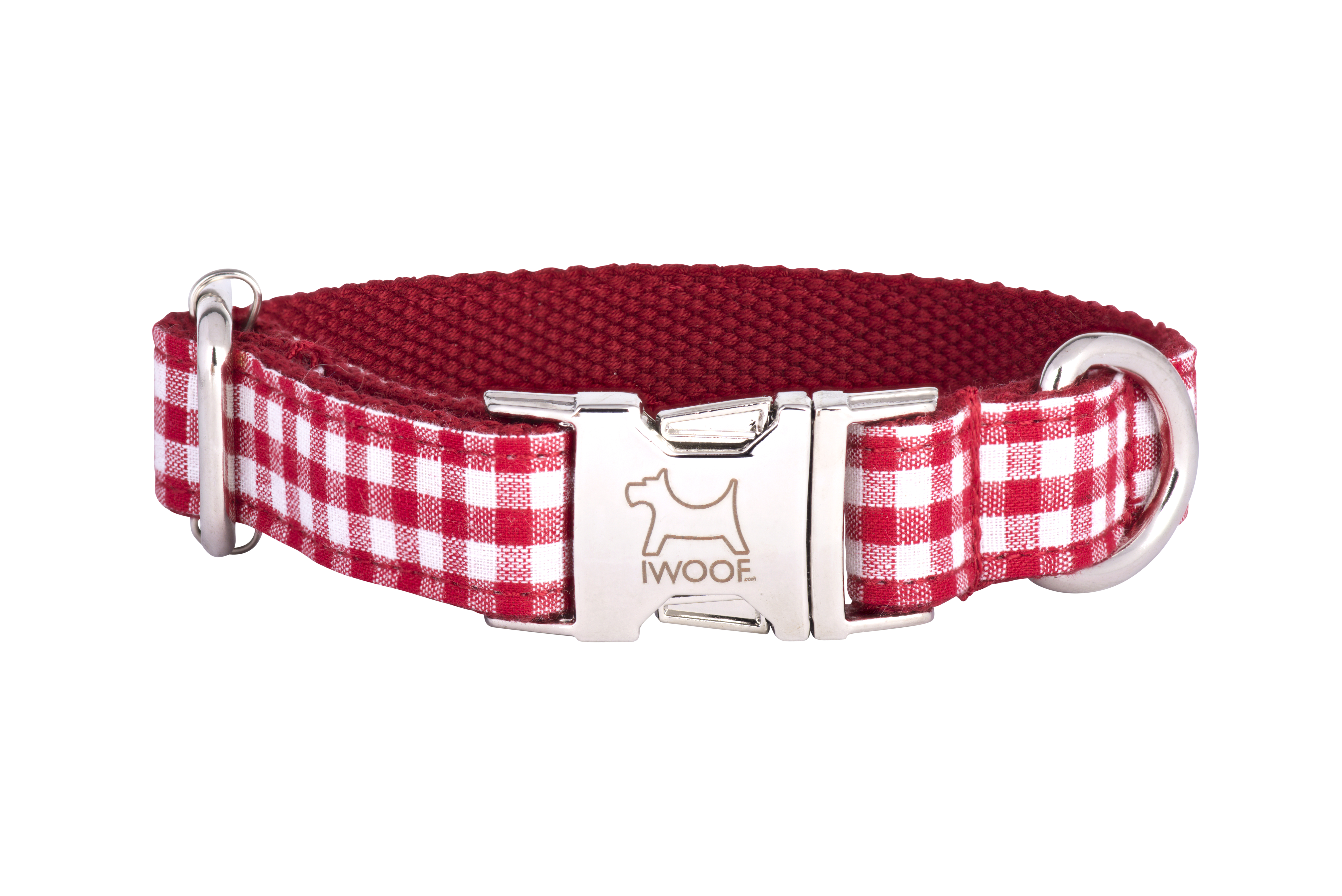 Red Check designer dog collar and matching designer dog lead by IWOOF