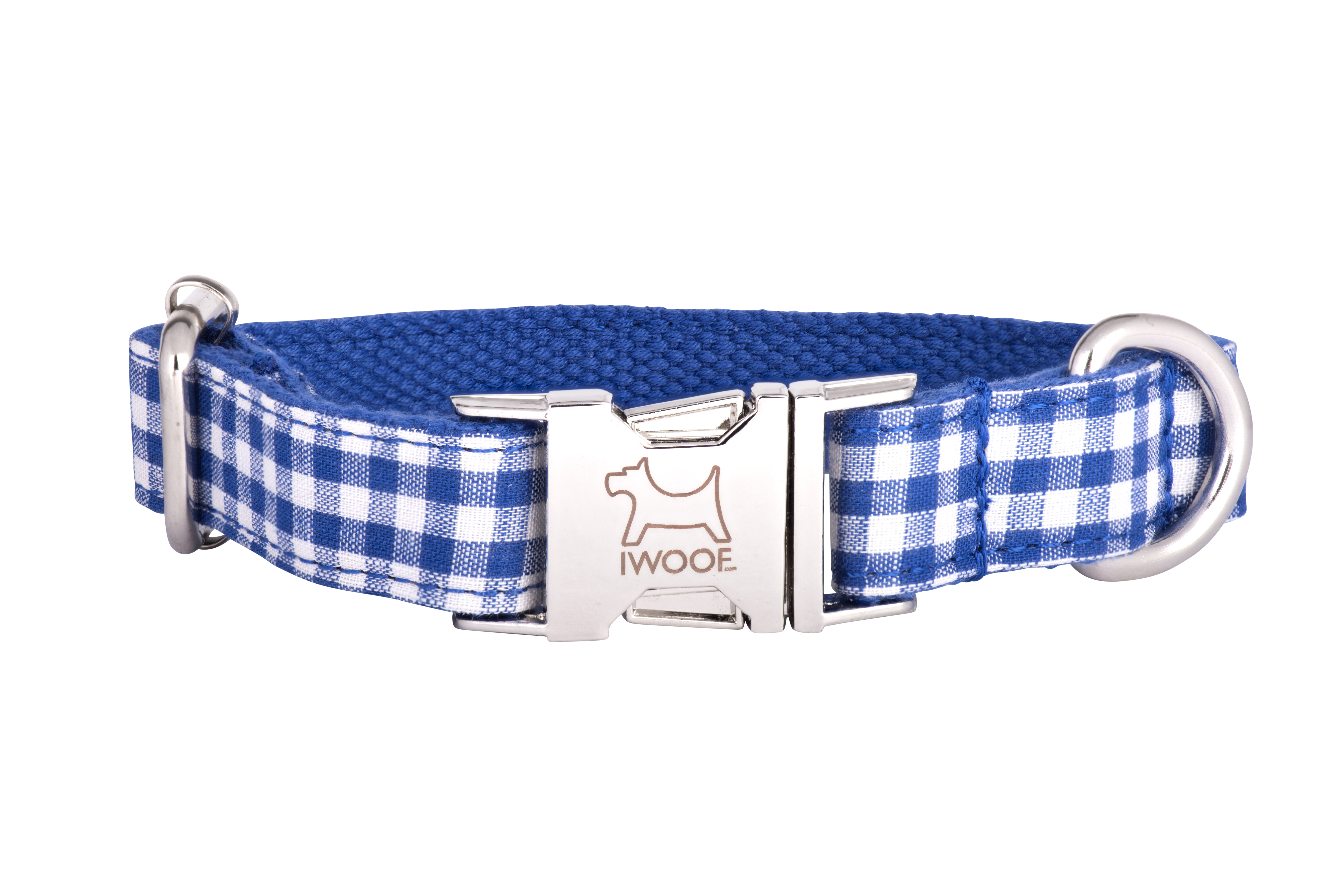 Blue Check designer dog collar and matching designer dog lead set by IWOOF
