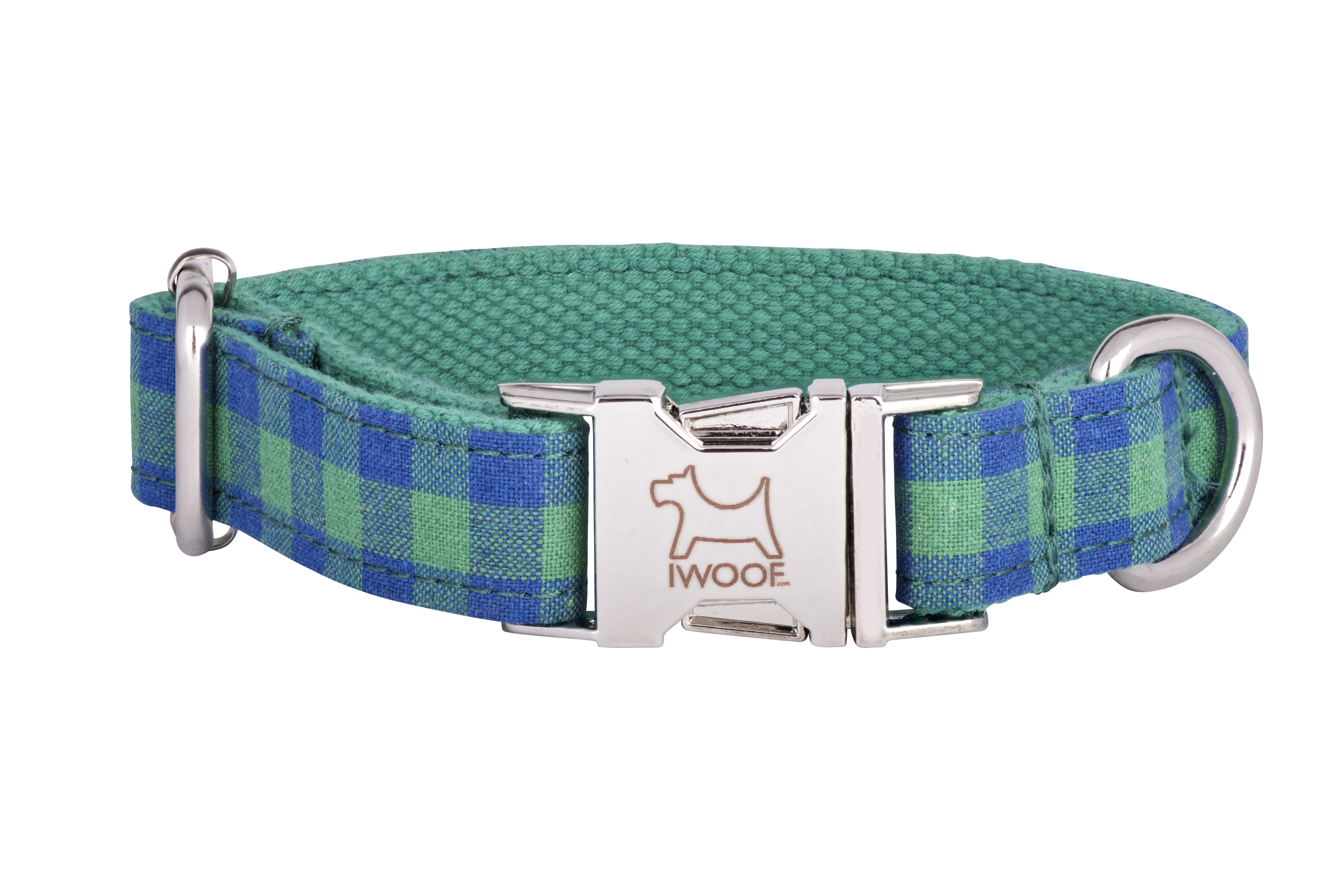 Blue and Green Check designer dog collar and matching designer dog lead by IWOOF