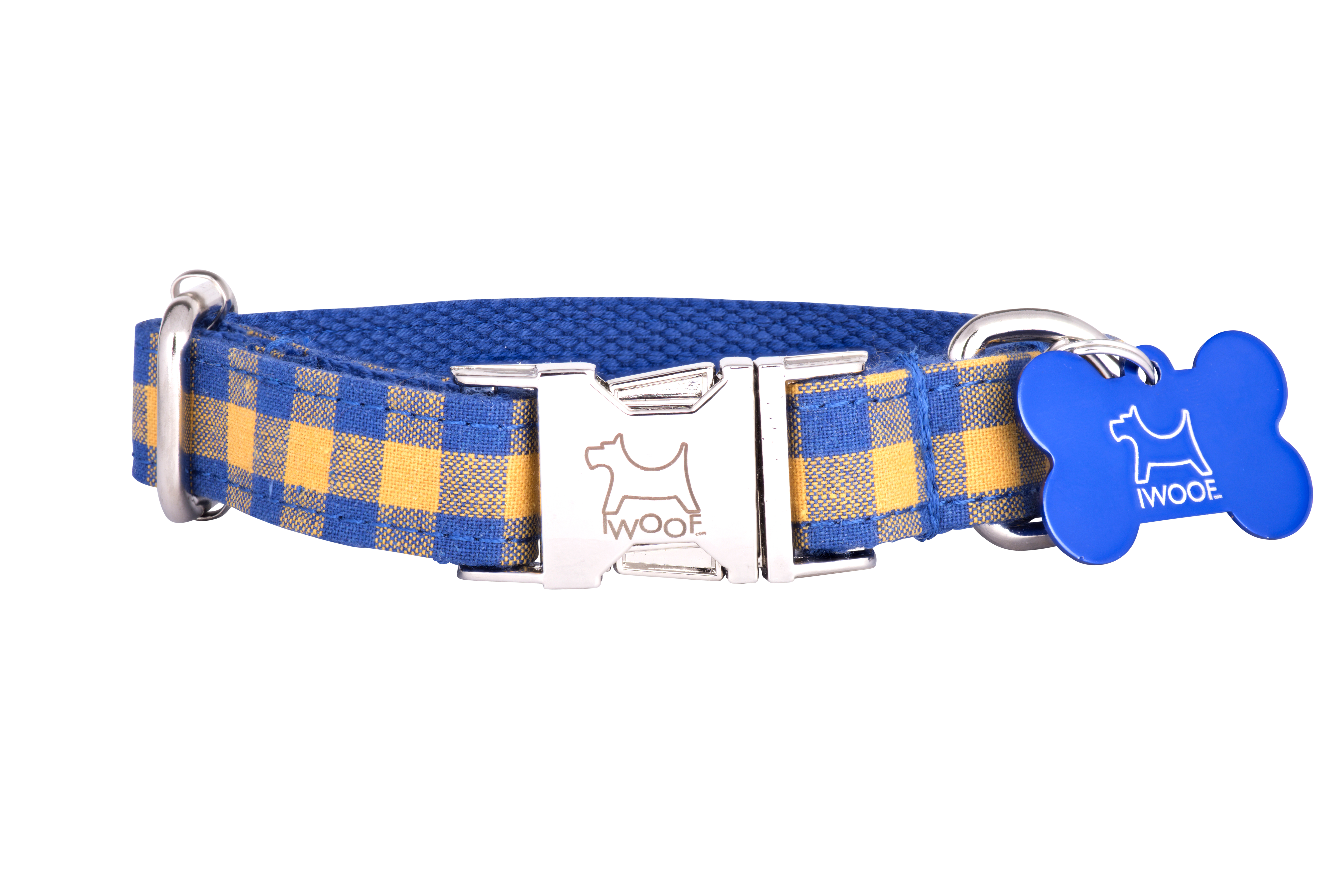 Blue and yellow check designer dog collar and matching designer dog lead by IWOOF