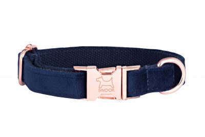 Blue designer dog collar and matching designer dog lead by IWOOF