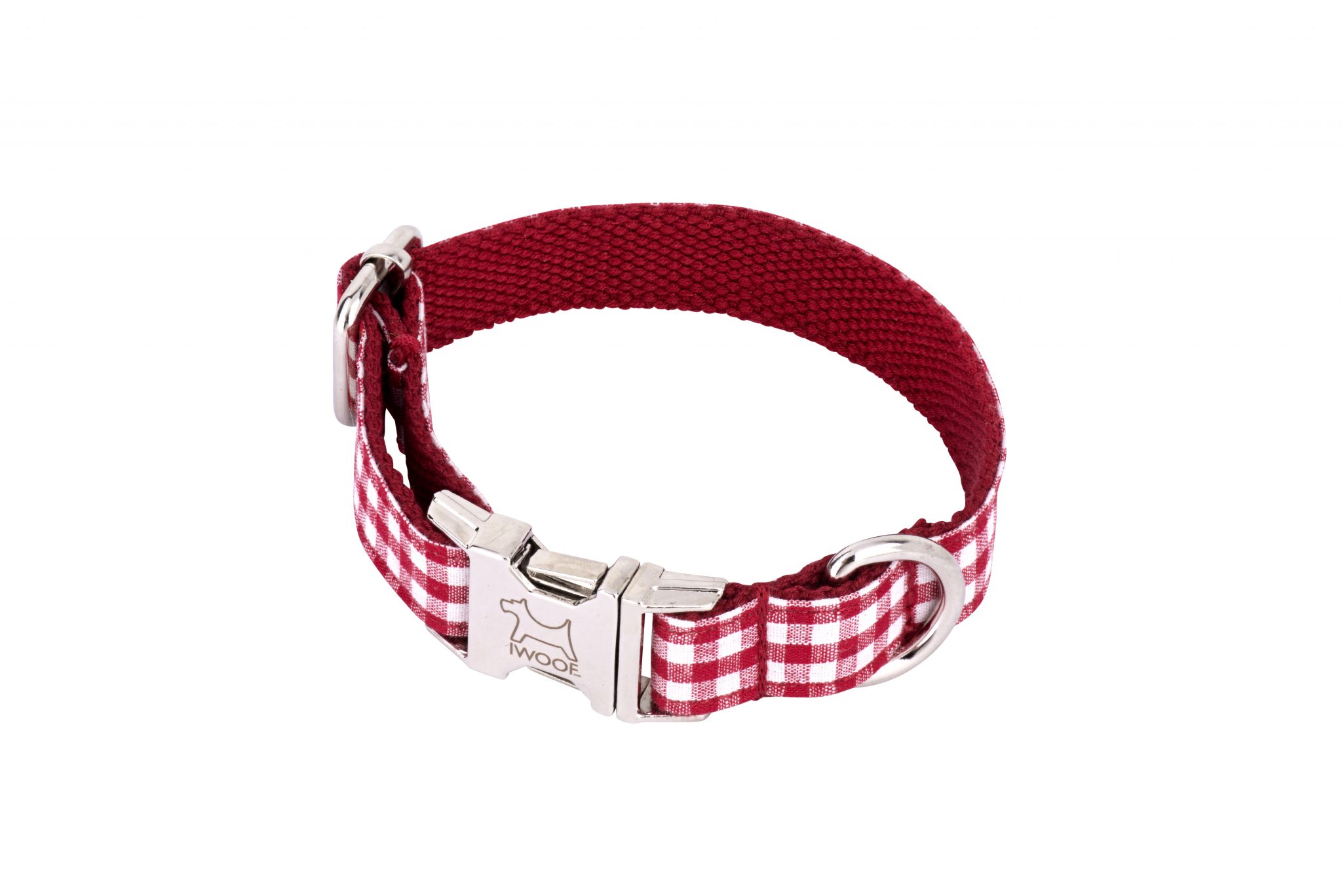 Red Check designer dog collar and matching designer dog lead by IWOOF