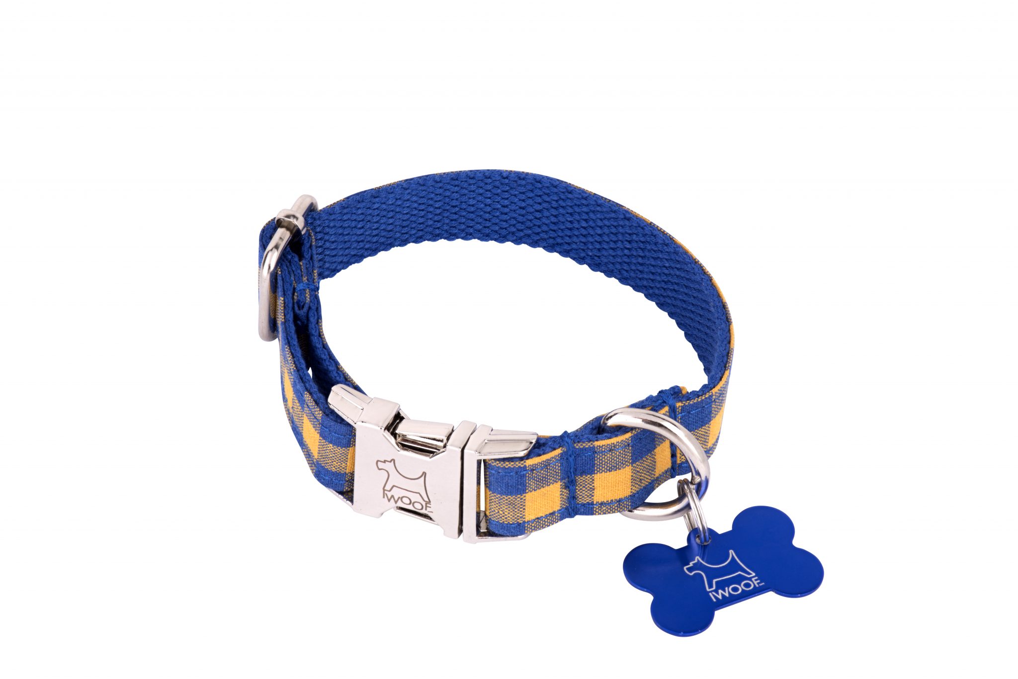 Blue and yellow check designer dog collar and dog lead set from IWOOF