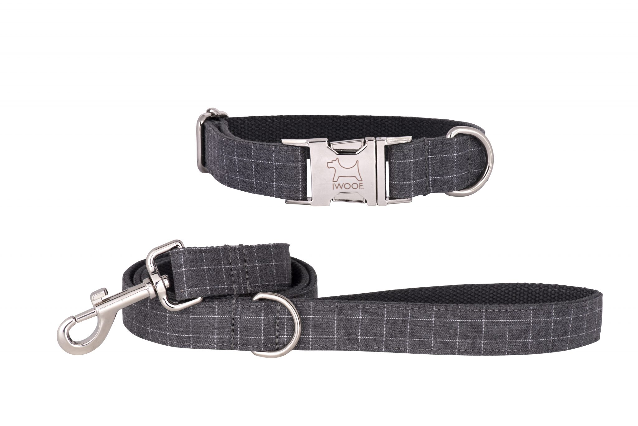 Cornish Grey Check designer dog collar and matching designer dog lead by IWOOF