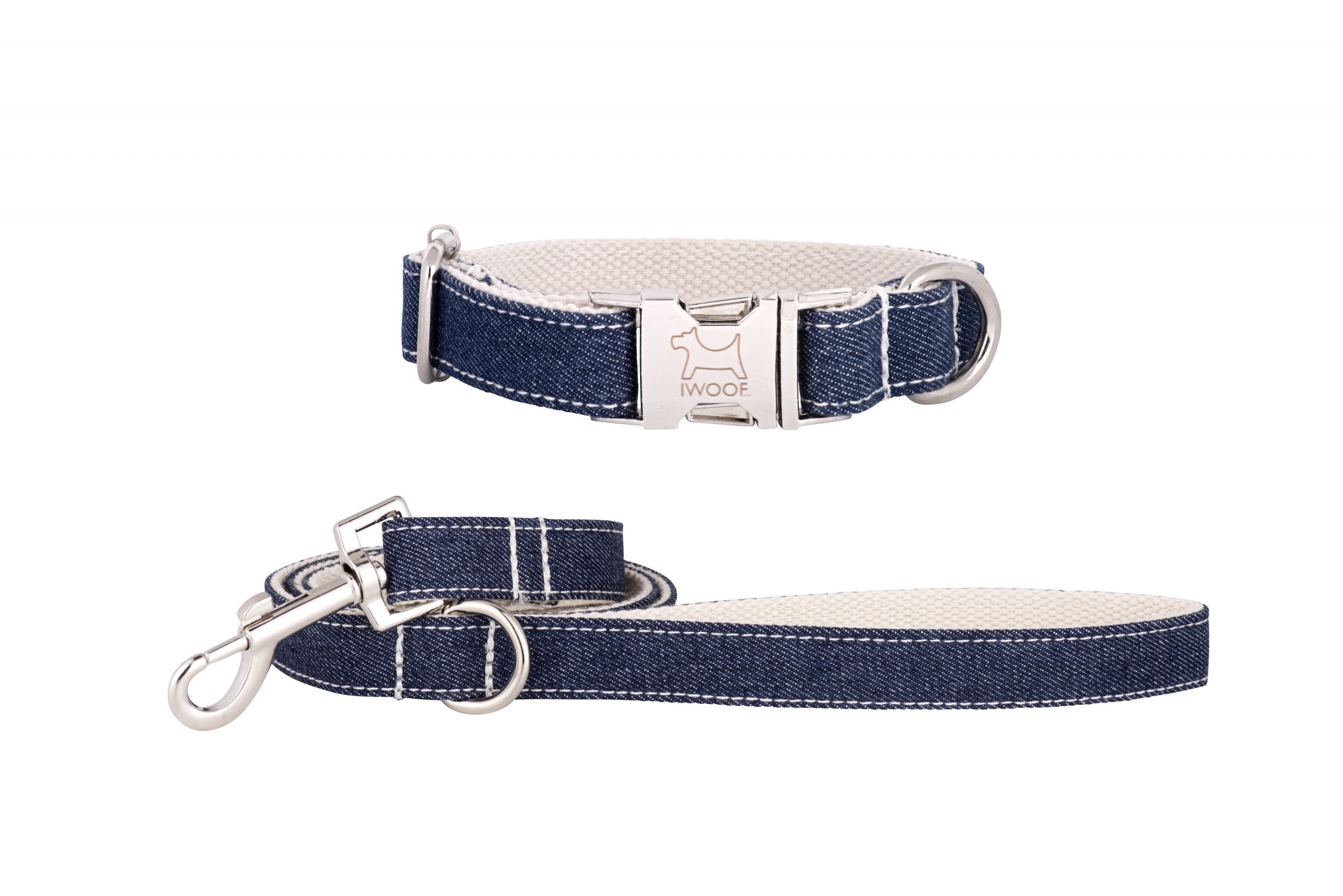 White Jean designer dog collar and matching designer dog lead by IWOOF