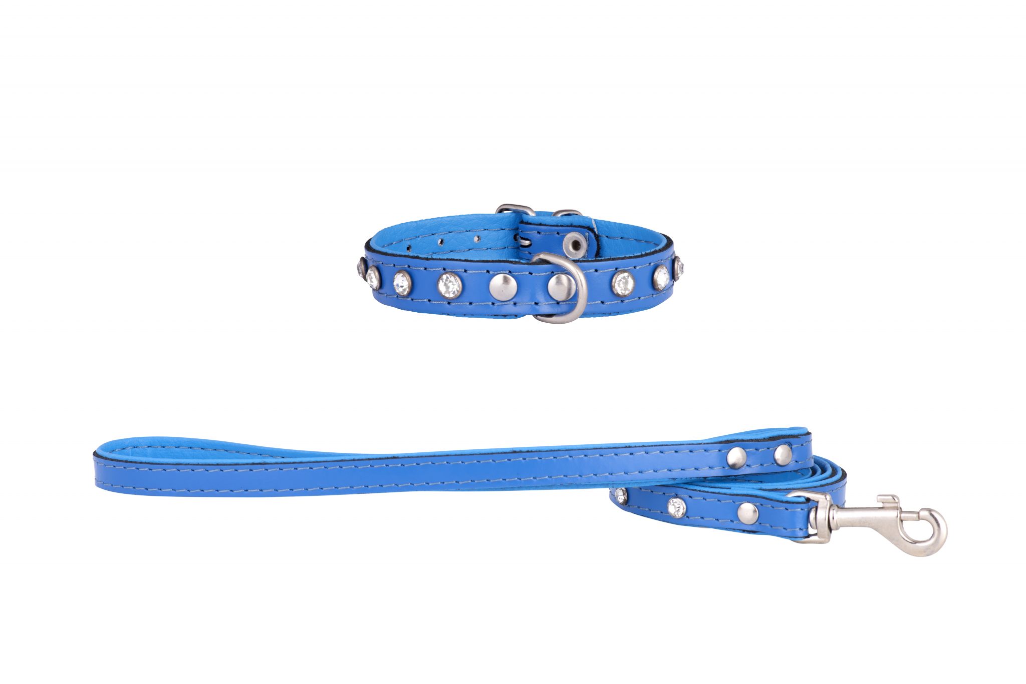 Mini designer leather dog collar and lead in Blue
