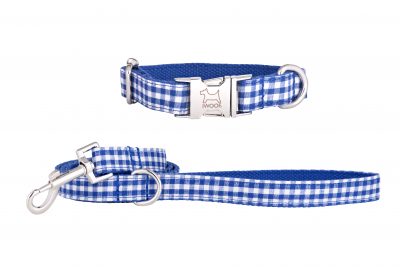 Blue Check designer dog collar and matching designer dog lead by IWOOF