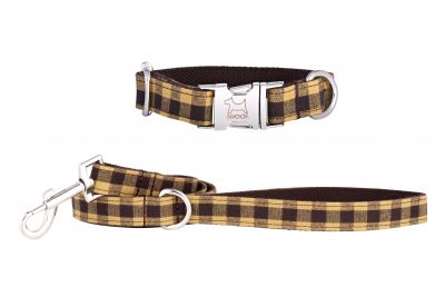 Yellow Check designer dog collar and matching designer dog lead by IWOOF