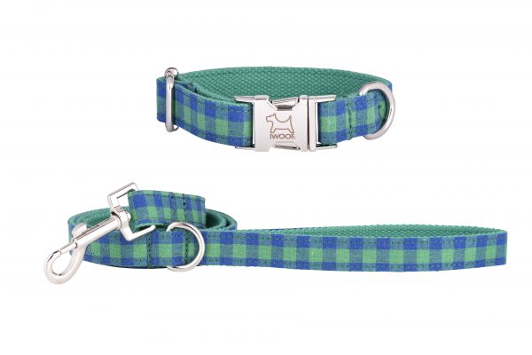 Green and Blue Check designer dog collar and matching designer dog lead by IWOOF