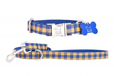 Blue and yellow check designer dog collar and dog lead by IWOOF