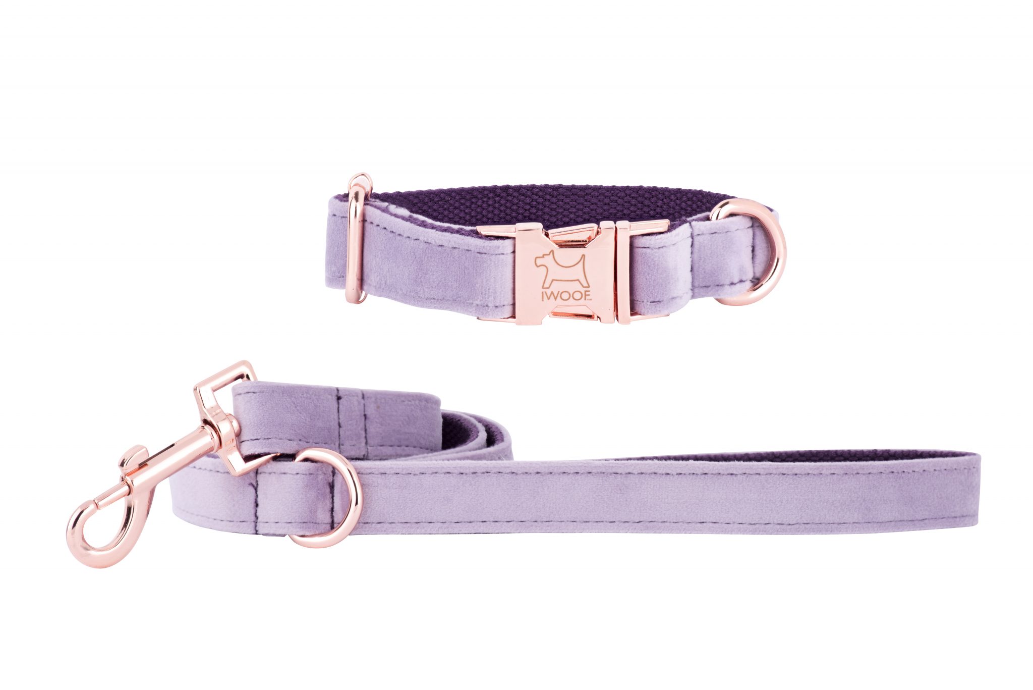 Lavender designer dog collar and matching dog lead by IWOOF with rose gold fittings