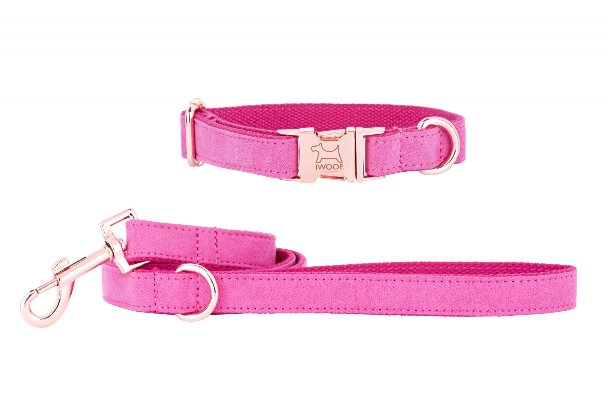 PINK designer dog collar and dog lead set by IWOOF with rose gold fittings