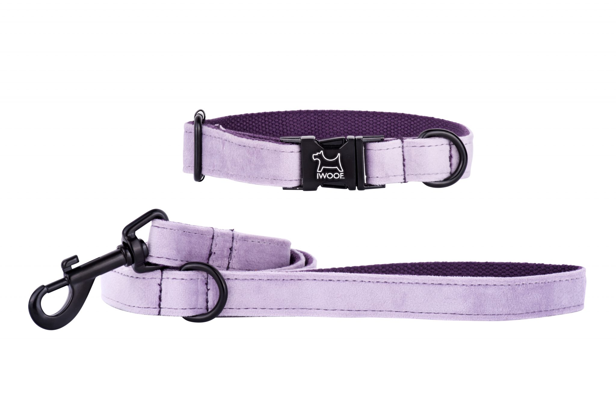 Lavender designer dog collar and matching dog lead by IWOOF with black fittings