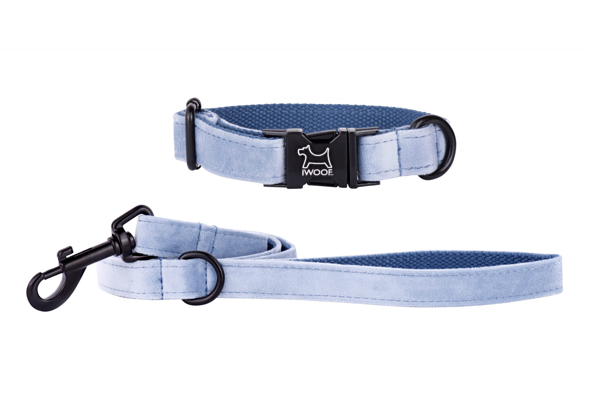 Sky designer dog collar and matching designer dog lead by IWOOF with black fittings