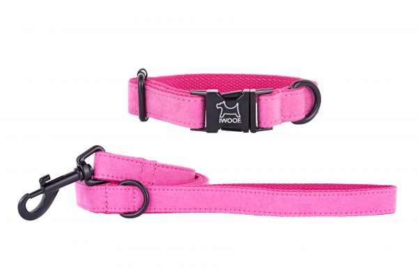 PINK designer dog collar and matching dog lead by IWOOF with black fittings