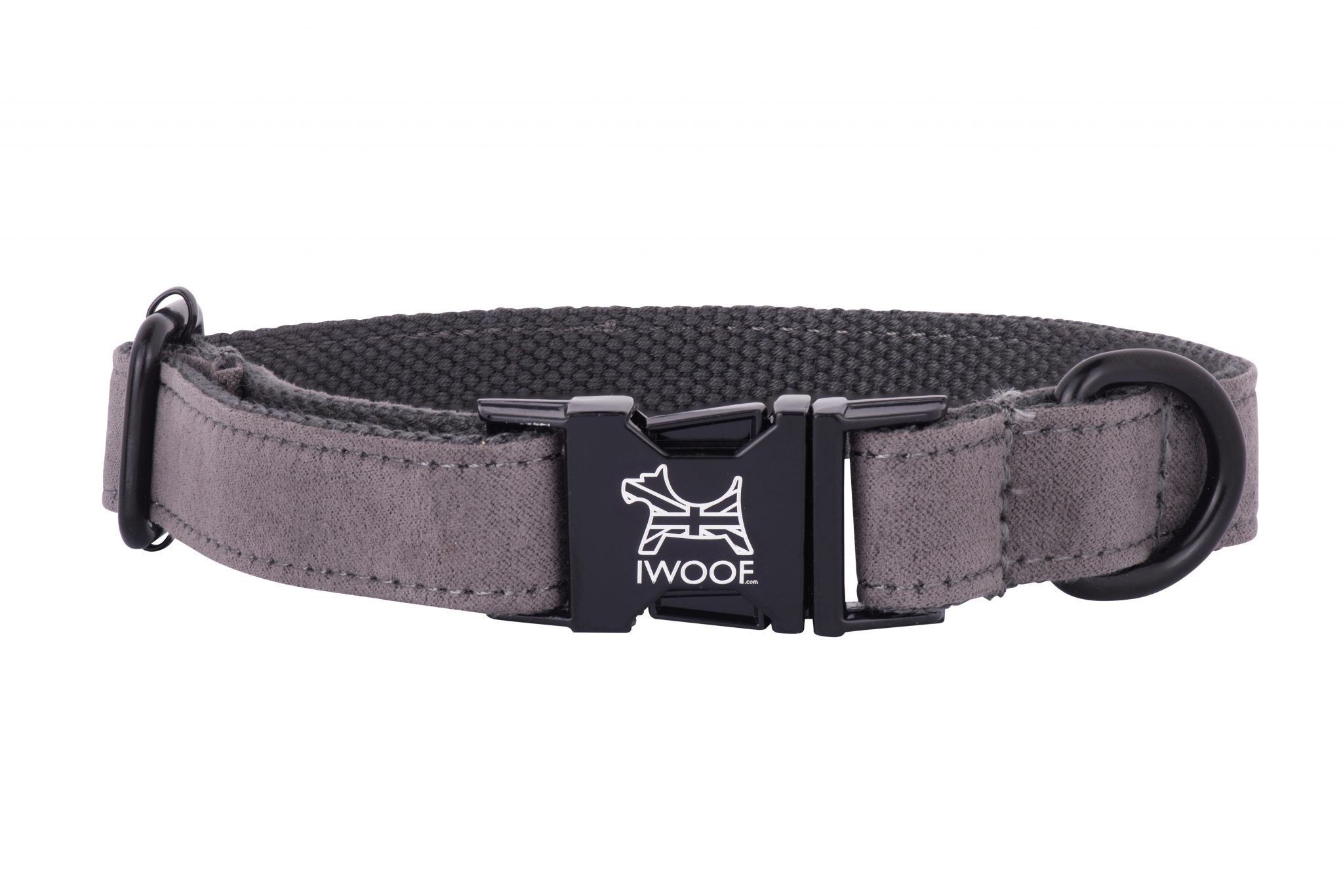 British Grey designer dog collar and lead by IWOOF with satin black fittings and displaying the British Flag within the buckle.