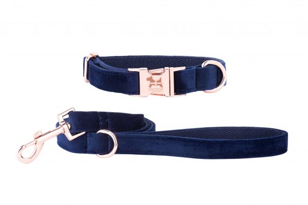 CORNISH BLUE designer dog collar and lead with rose gold fittings by IWOOF