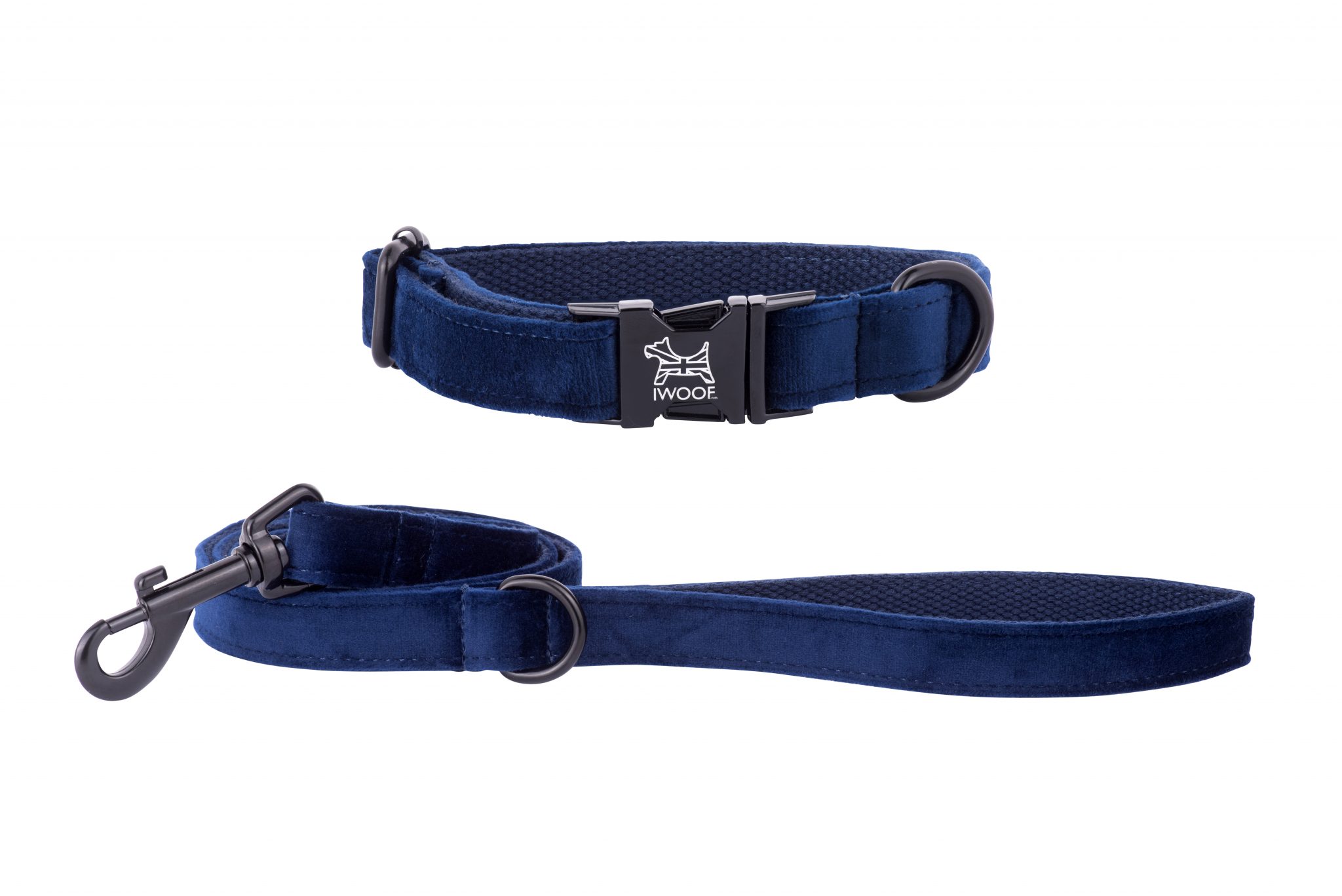 SAPPHIRE BLUE CRUSHED VELVET DESIGNER DOG COLLAR AND LEAD BY IWOOF