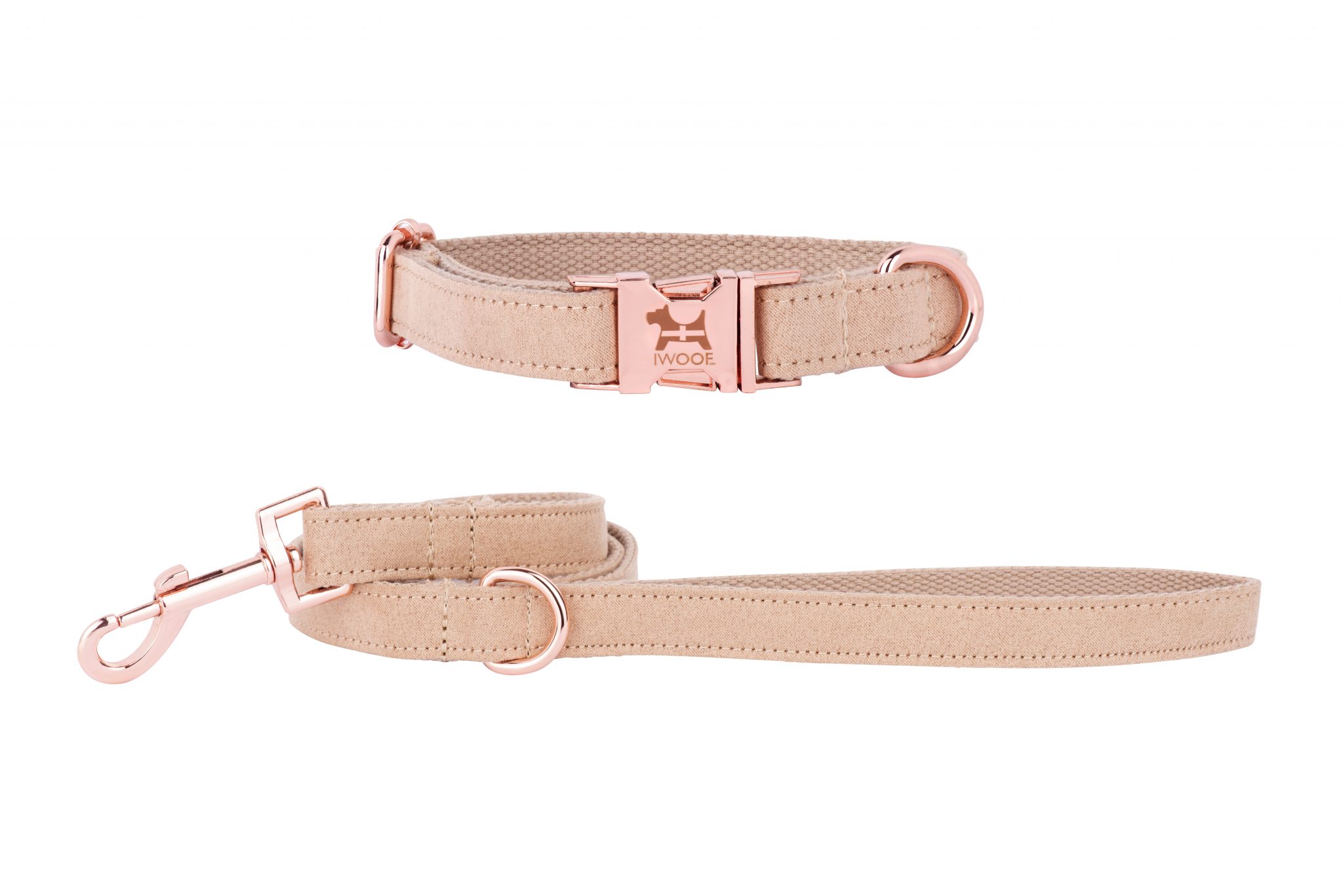 Cornish Sand designer dog collar and lead by IWOOF in Rose Gold