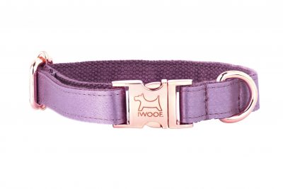 ESMA designer dog collar by IWOOF in mauve silk and rose gold fittings
